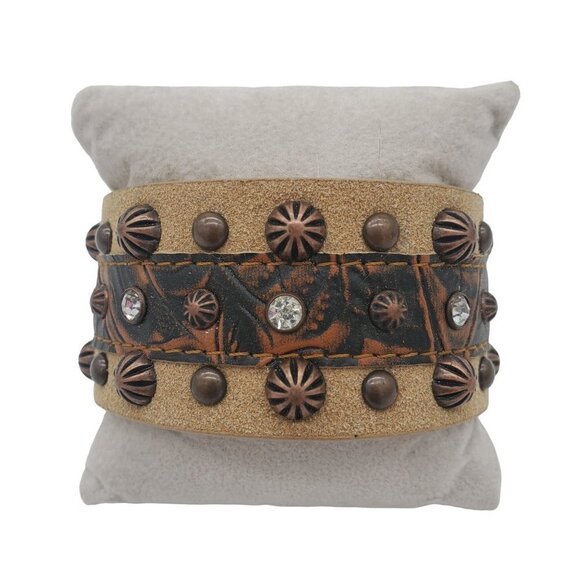 JEWELRY Brown Leather Bracelet Studs Rhinestones Size 8.5" Length - Picture 1 of 4